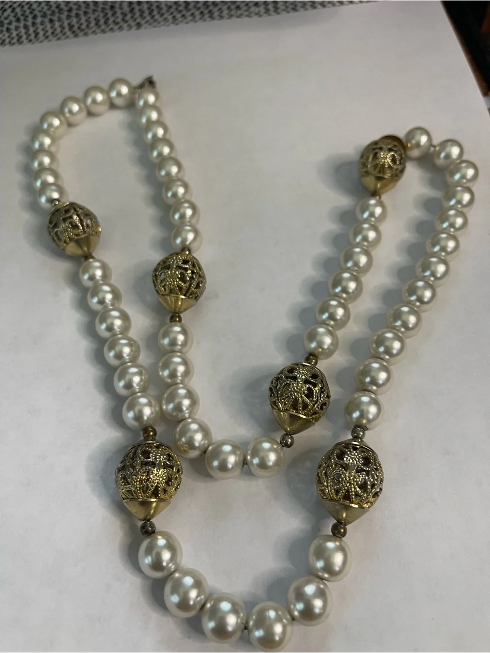 Vintage Pearl Necklace, Gold Filigree Beads, Statement Jewelry